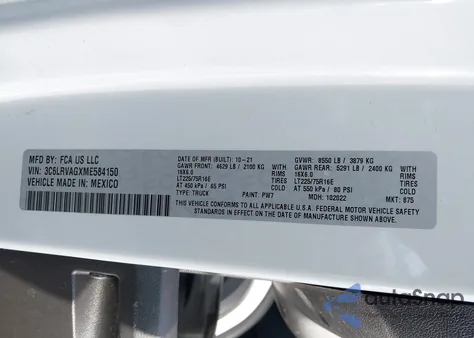 2021 Ram Promaster 1500 Low Roof 136 Wb из США, поврежденный, VIN 3C6LRVAGXME584150